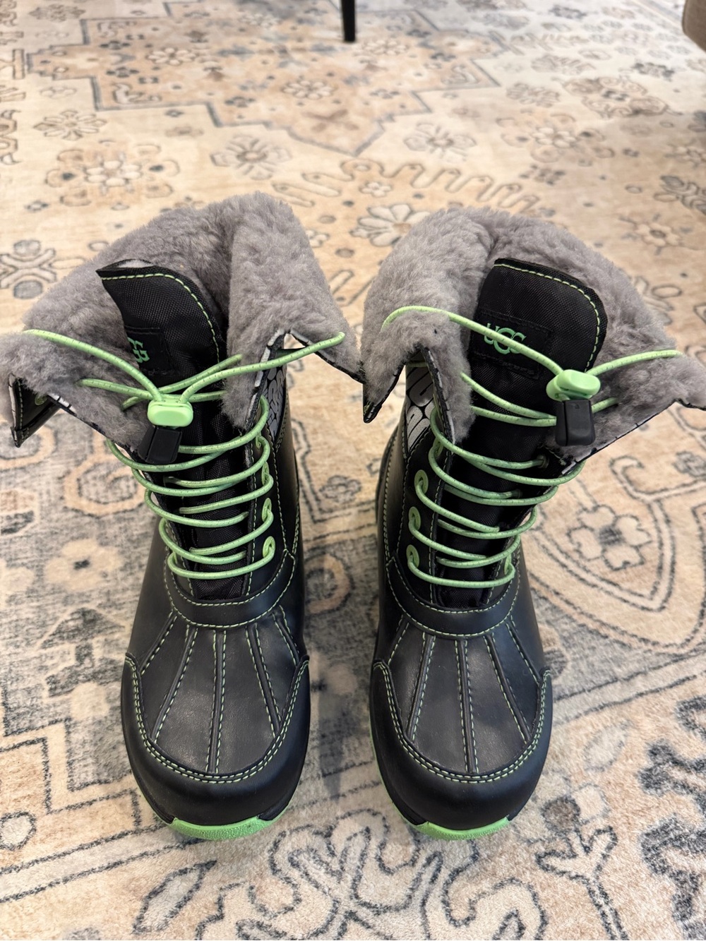 UGG Black Winter Boots with Neon Green Laces and Gray Shearling